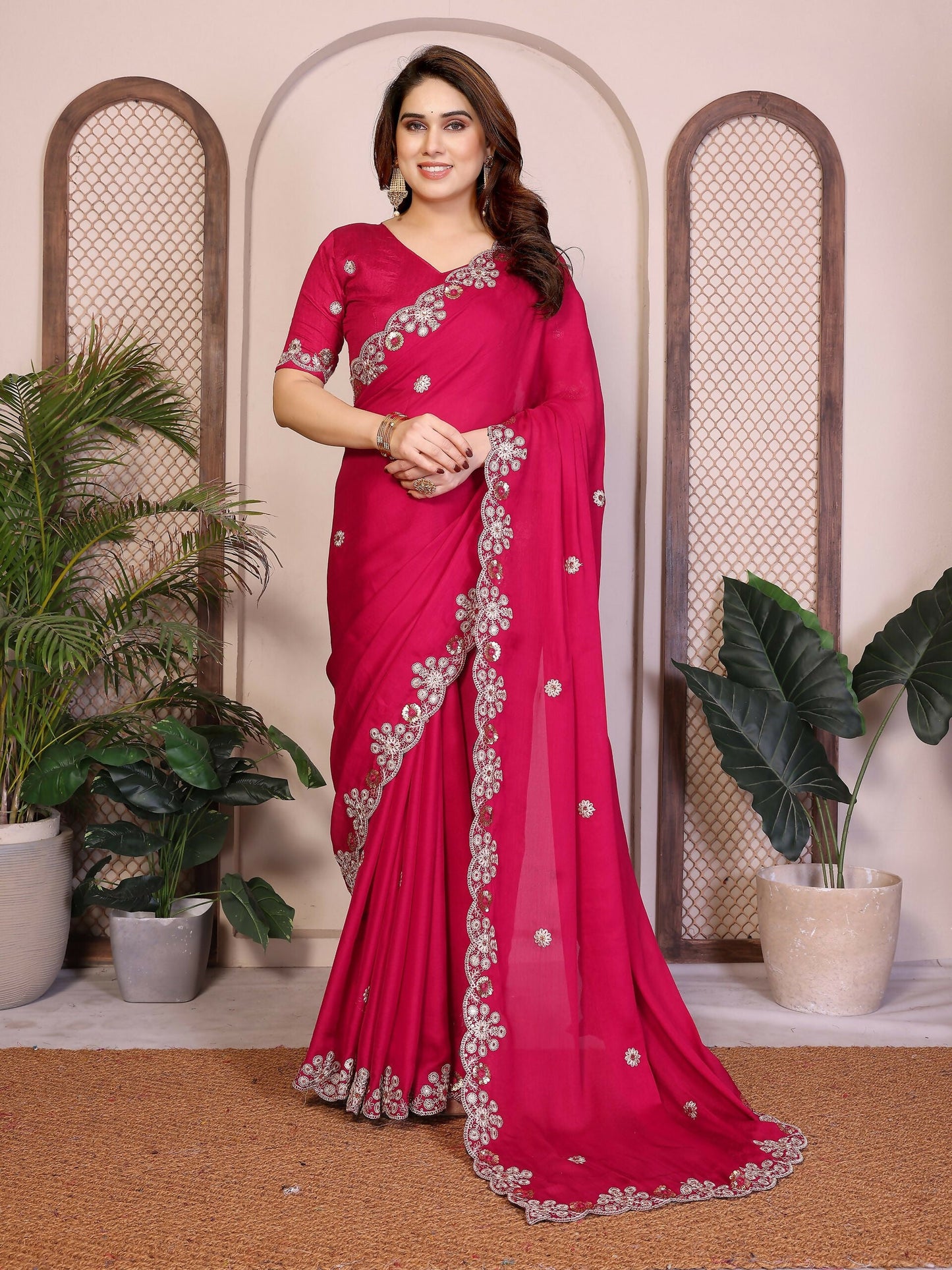 Teeya Creation New Trendy Party Wear Soft Satin Chiffon Saree-Pink