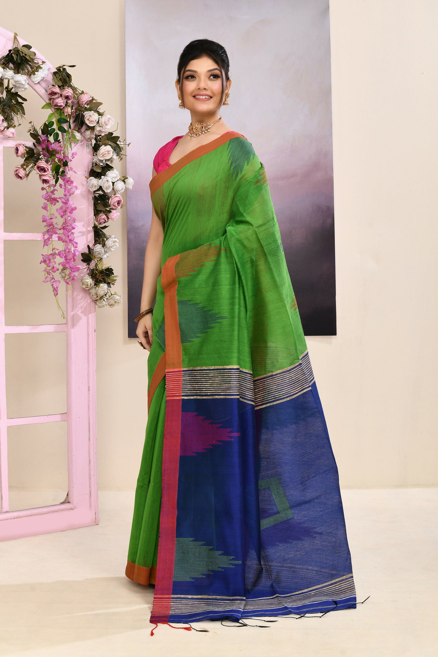 Piyari Fashion Women's Green Temple Border Embellished Cotton Blend Jamdani Saree