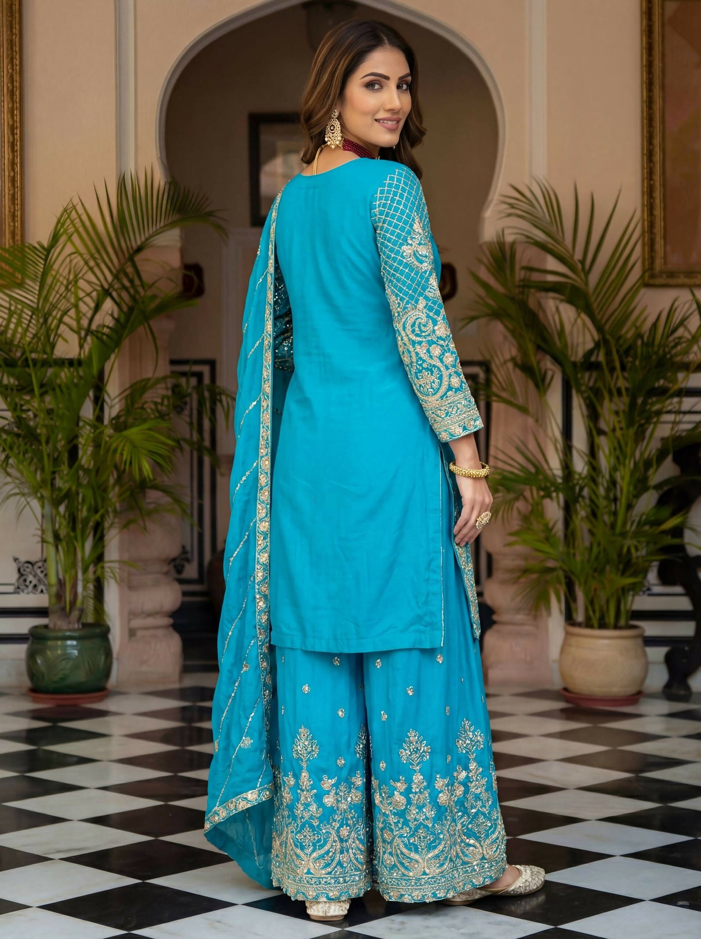 Teeya Creation New Trendy Traditional Wear Sharara with Heavy Border Dupatta Set - Sky-Blue
