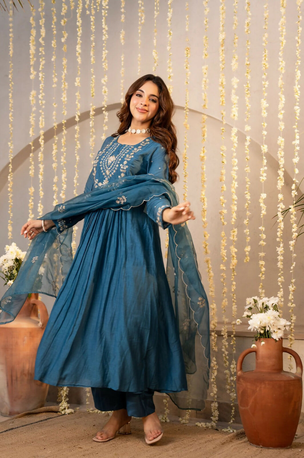 The52 Women's Beautiful Embroidery Work Chanderi Silk Fabric Flared Kurta Pant and Dupatta Set-Rama
