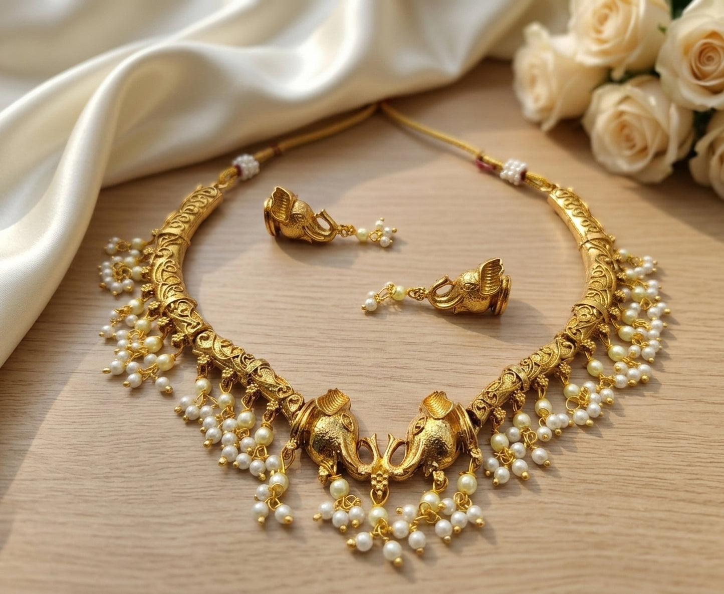 Jewel City Antique Gold Plated Elephant Temple Jewelry Set Traditional Indian Choker Necklace & Earrings for Wedding & Festivals