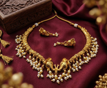 Jewel City Antique Gold Plated Elephant Temple Jewelry Set Traditional Indian Choker Necklace & Earrings for Wedding & Festivals