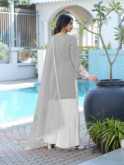 Nikhaar Grey Embroidered Modal Silk Stitched Straight Cut Kurta Kalidar Palazzo Dupatta Readymade Suit