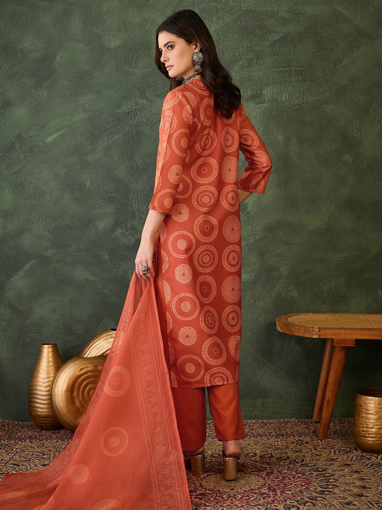 The52 Women's Gorgeous Rayon Embroidery Straight Kurta with Pant And Dupatta Set-Orange