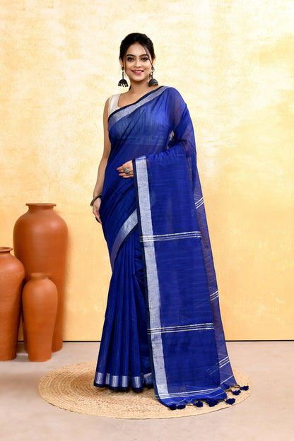 Piyari Fashion Women's Royal Blue Embellished Cotton Blend Zari Border Handloom Saree