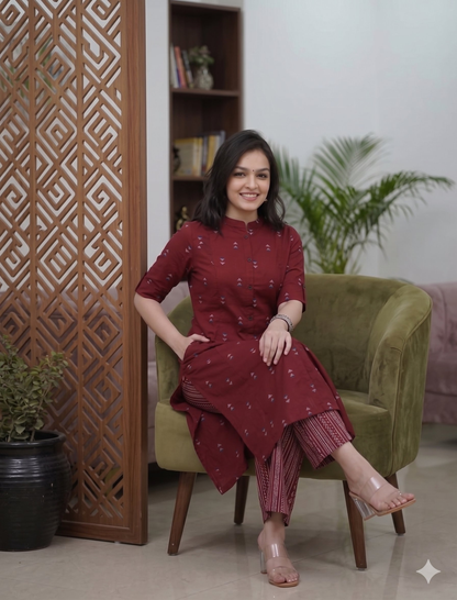Teeya Creation Elegant Red Cotton Kurta Set Featuring Button Detail And Printed Palazzos