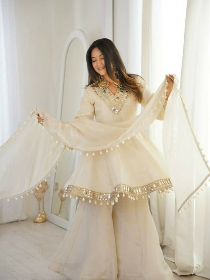 Teeya Creation New Latest Trendy Real Mirror Work With Lace Border Cream Kurta Set