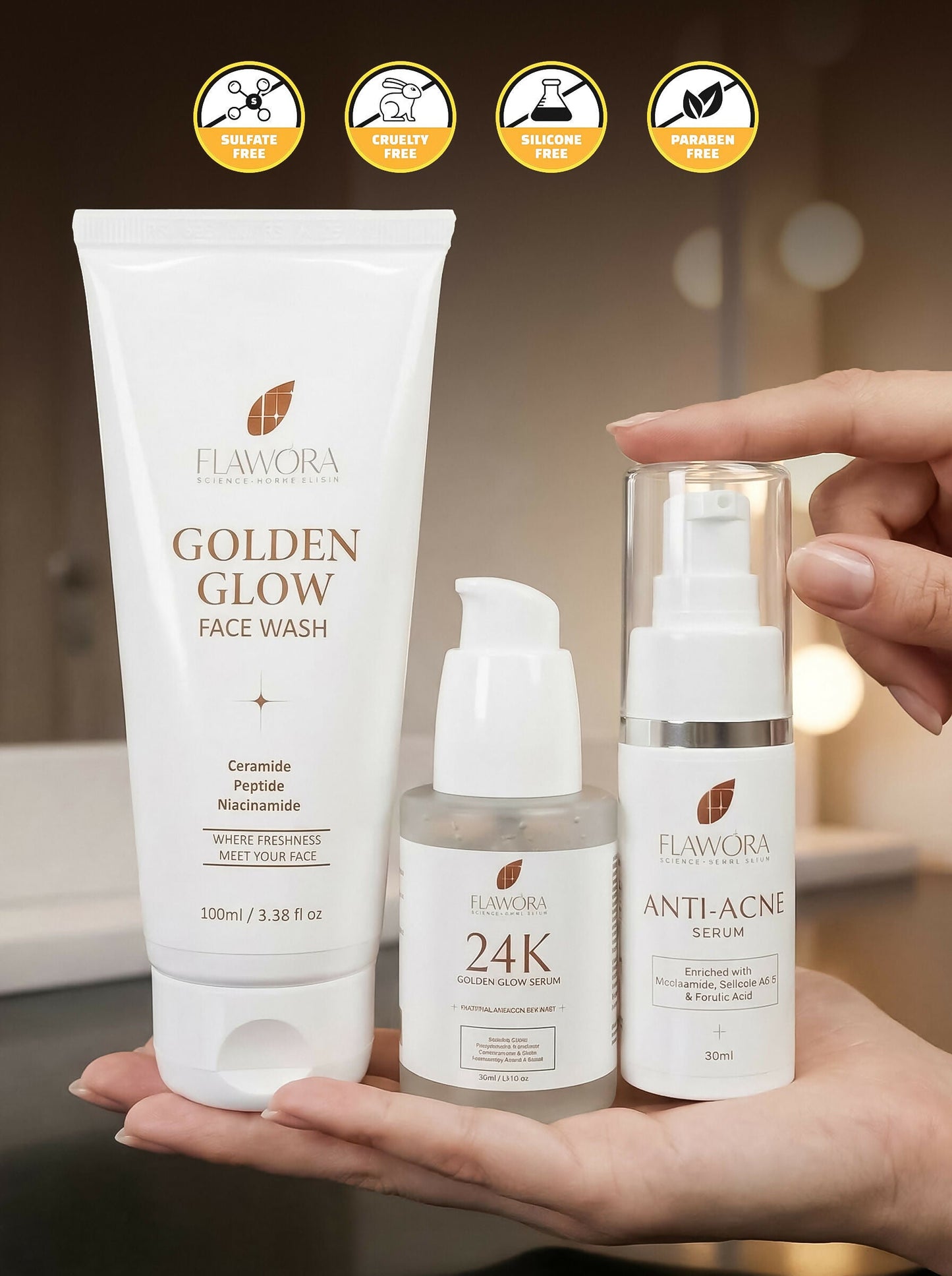 Flawora Set of Golden Glow Face Wash, Anti Acne Serum and 24k Golden Glow Face Serum