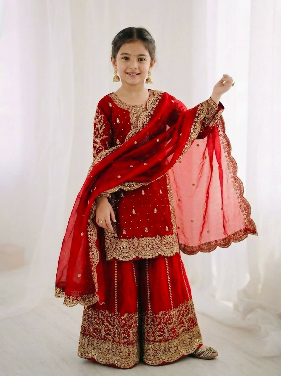 Teeya Creation New Trendy Fully Stitched Ready to Wear Kids Kurta Palazzo Set-Red