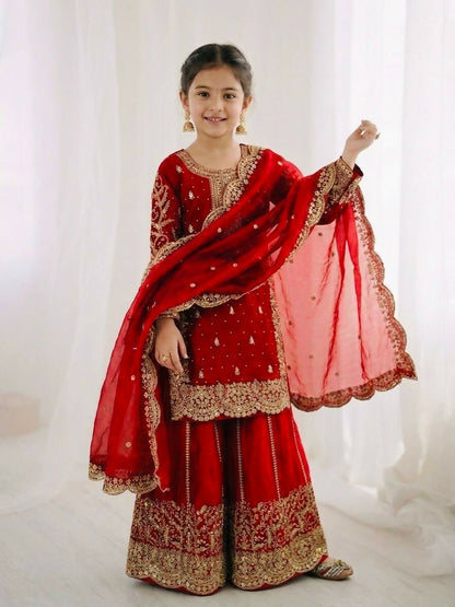 Teeya Creation New Trendy Fully Stitched Ready to Wear Kids Kurta Palazzo Set-Red