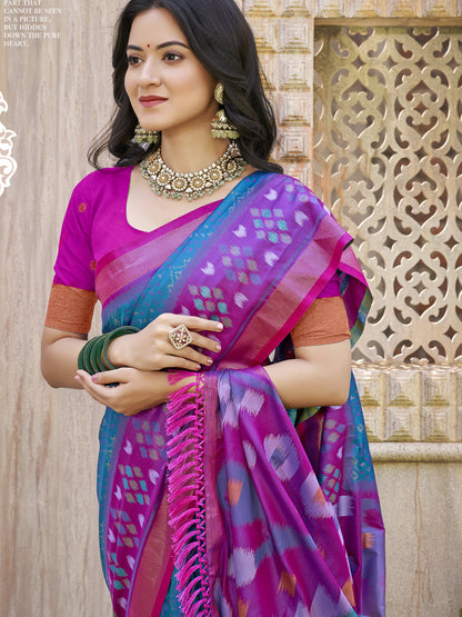 Anaita Teal Pochampally Silk Saree With Floral Printed Work With Blouse