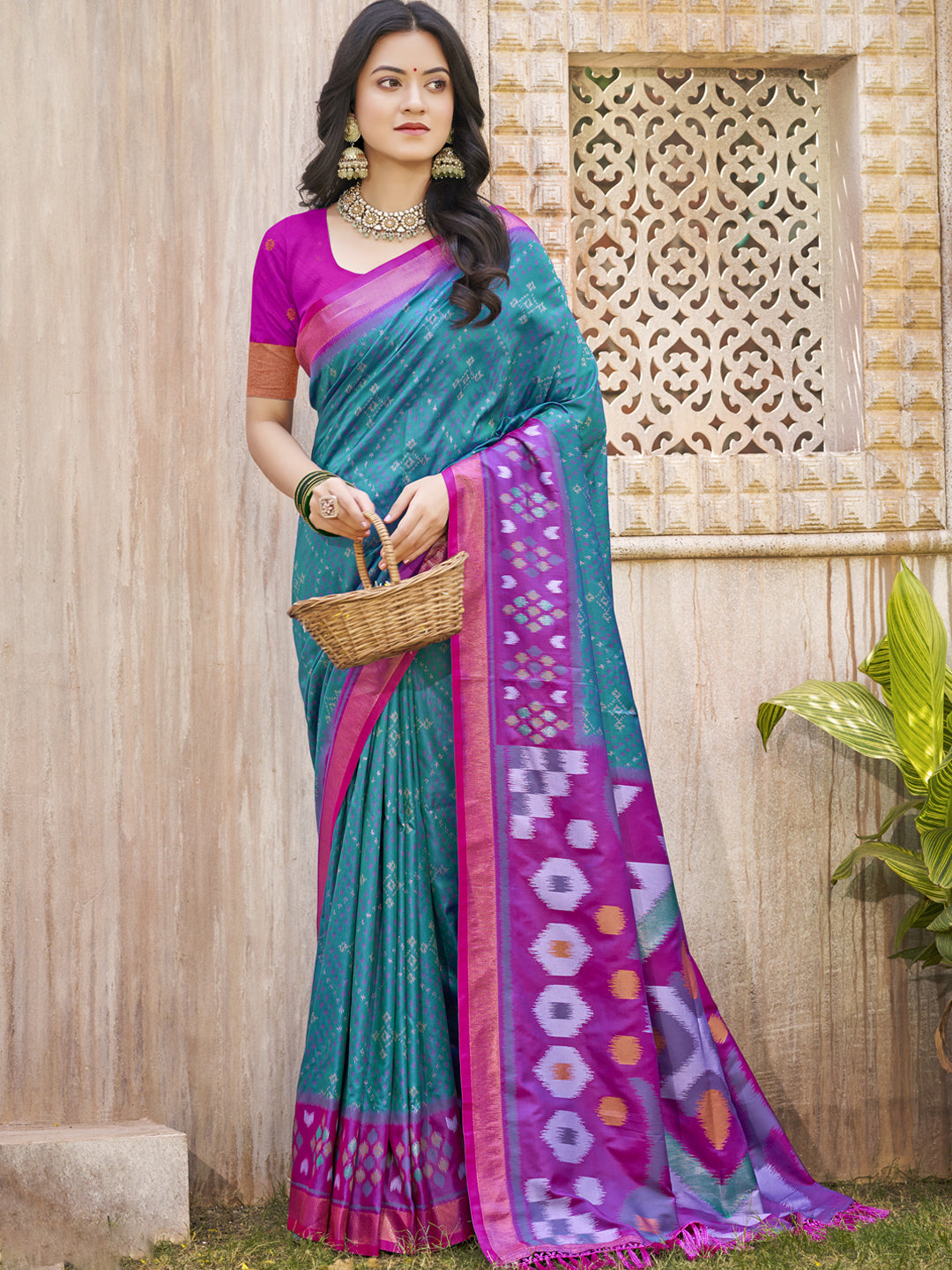 Anaita Teal Pochampally Silk Saree With Floral Printed Work With Blouse