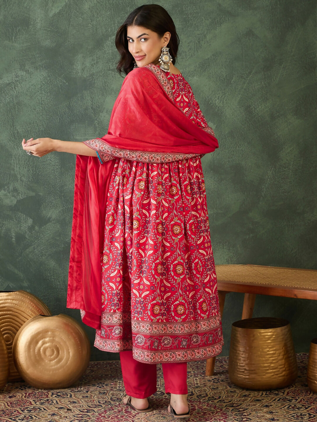The52 Women's Beautiful Printed Work Rayon Fabric Flared Kurta Pant and Dupatta Set-Red