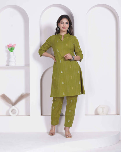 Miravan Womens Green Printed Cotton Straight Kurta With Palazzo