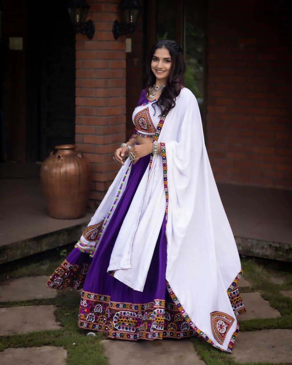 Yash Enterprise Purple White Rayon Cotton Embroidery Semi Stitched Navratri Top Chaniya Choli