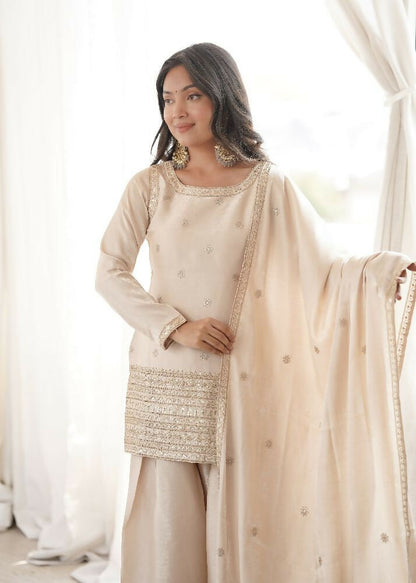 Teeya Creation Beige Silk Embroidered Kurta Salwar Suit Set With Dupatta