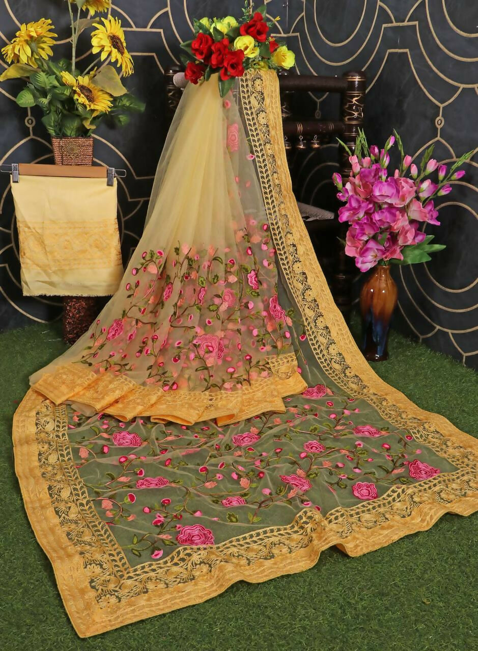 Teeya Creation Womens Latest Stylish Party Wear Soft Net Saree-Yellow