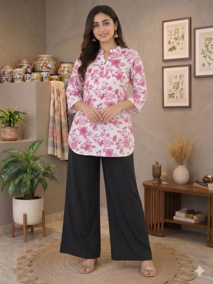 Teeya Creation Women White & Mauve Lotus Floral Printed Cotton Kurti with Black Palazzo Set
