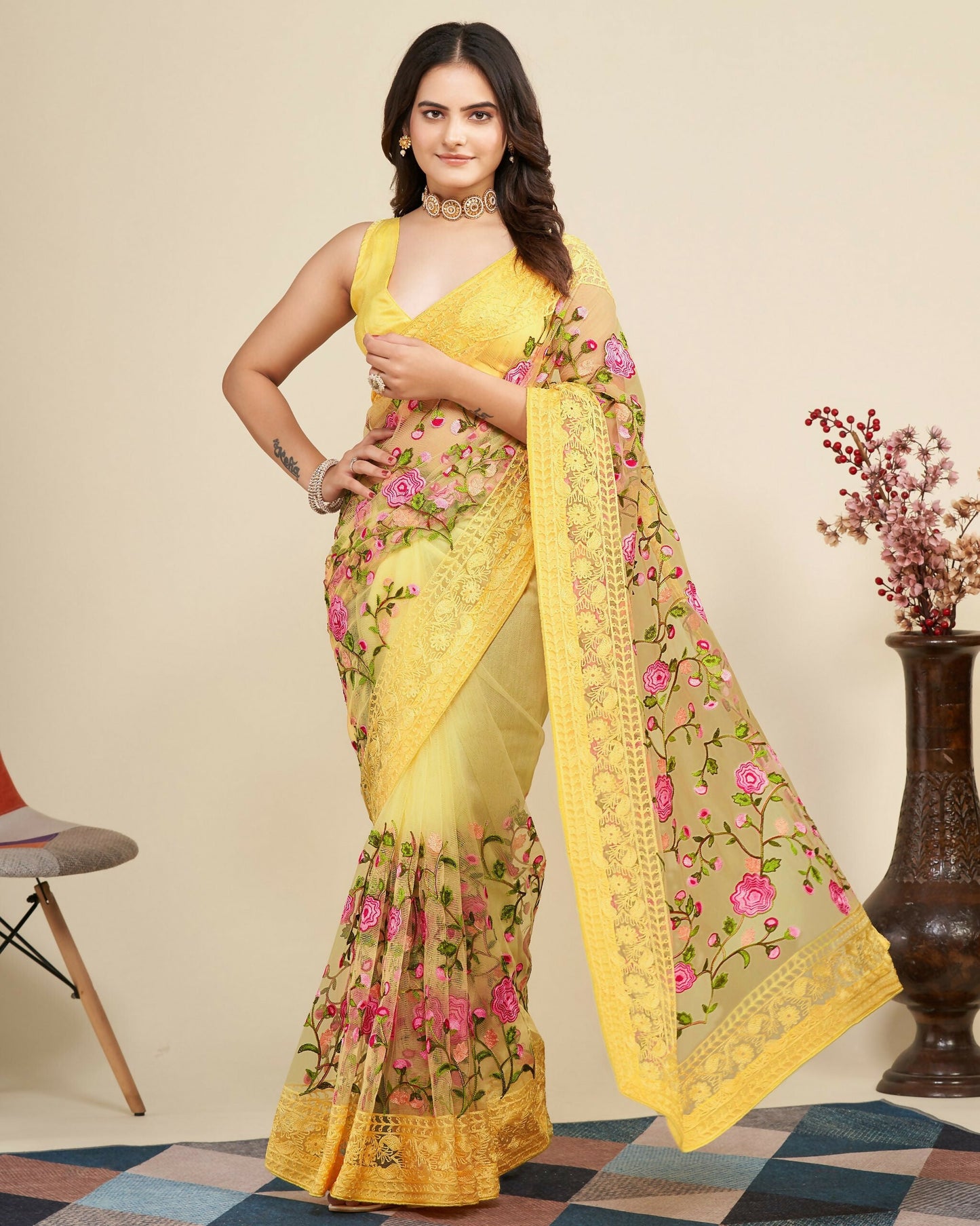 Teeya Creation Womens Latest Stylish Party Wear Soft Net Saree-Yellow