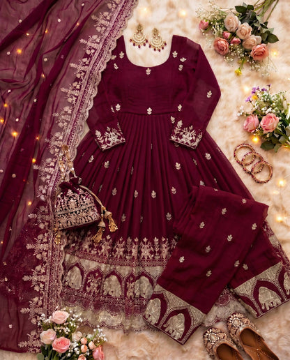 Teeya Creation New Trendy Stylish Wedding Wear Embroidered Anarkali Set - Maroon
