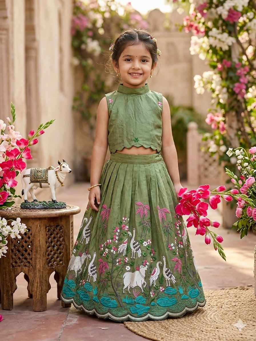 Teeya Creation New Girls Earthy Olive Green Pichwai Embroidered Lehenga Choli Set-Green