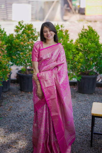 Prime Volt Bridal Kanchipuram Silk Saree with Rich Zari Weaving & Contrast Border-Pink
