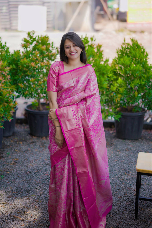 Prime Volt Bridal Kanchipuram Silk Saree with Rich Zari Weaving & Contrast Border-Pink
