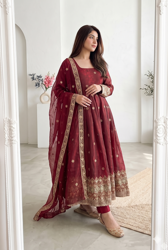 Teeya Creation New Latest Trendy Elegant Maroon Festive Anarkali Suit for Women