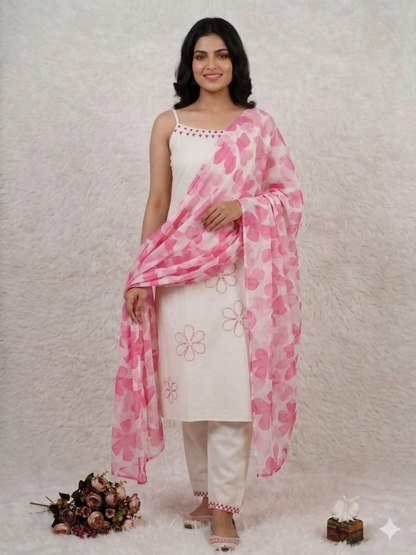 Teeya Creation Womens Straight Cotton Kurta Pant Set with Floral Organza Dupatta Set