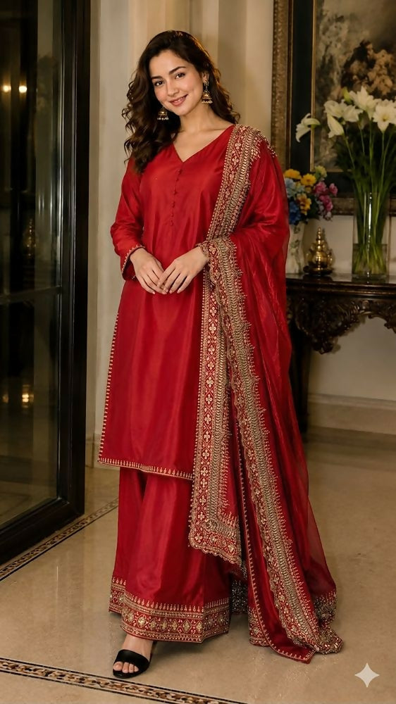 Teeya Creation New Latest Stylish Classic Red Festive Kurta Set with Gold Zari Border Palazzo and Dupatta