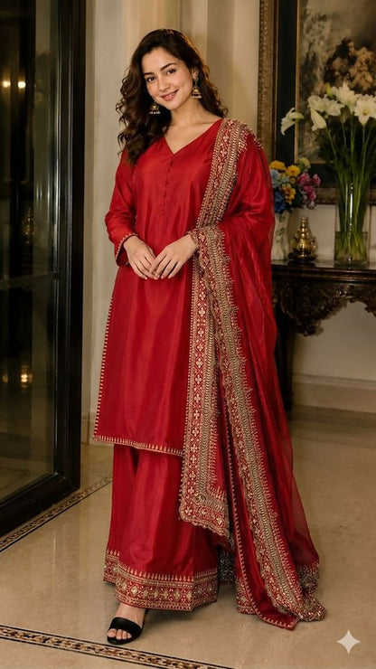 Teeya Creation New Latest Stylish Classic Red Festive Kurta Set with Gold Zari Border Palazzo and Dupatta