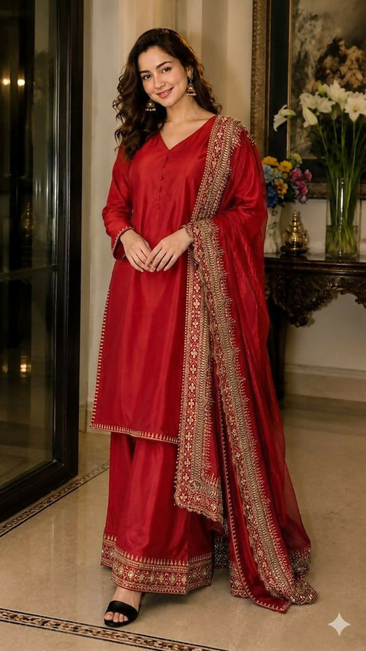 Teeya Creation New Latest Stylish Classic Red Festive Kurta Set with Gold Zari Border Palazzo and Dupatta