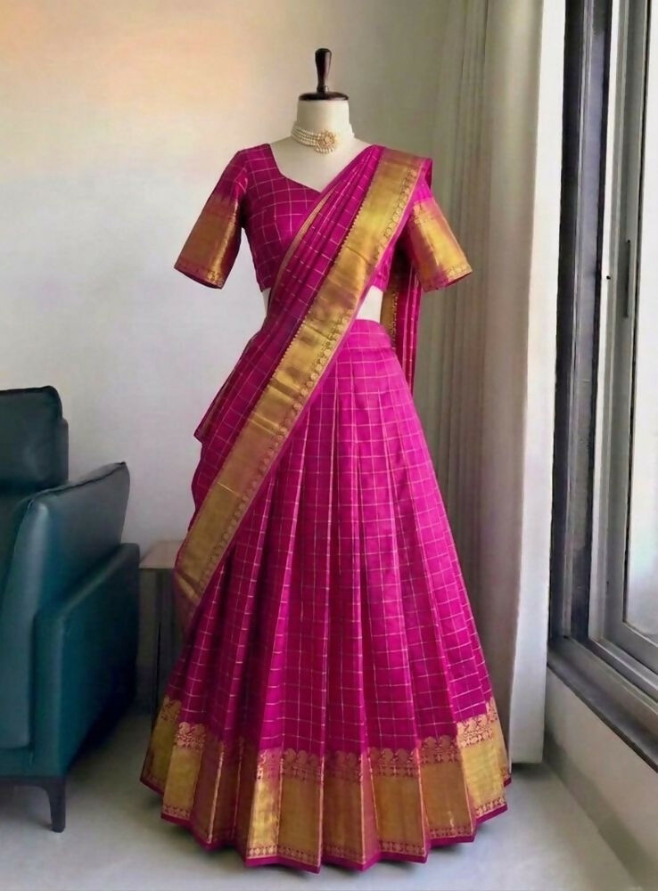 Teeya Creation Festive Rani Pink Checkered Silk Lehenga Choli with Golden Zari Detail