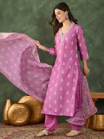 The52 Women's Gorgeous Rayon Fabric Printed Work Straight Kurta Pant and Dupatta Set-Onion