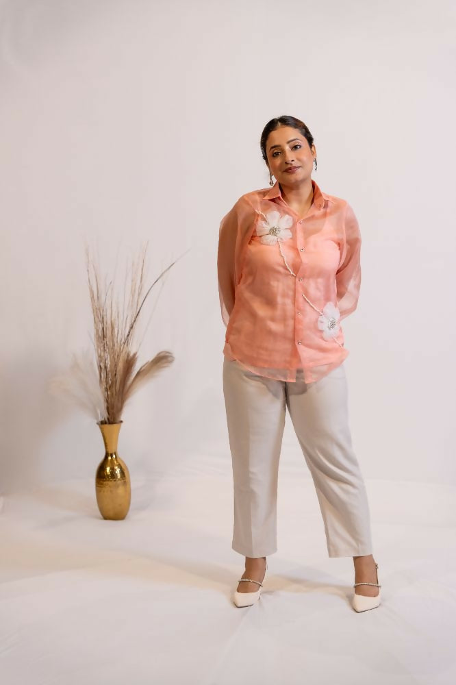 Timaraa Peach Coral Organza Shirt With Hand Embellished 3D Floral Motift