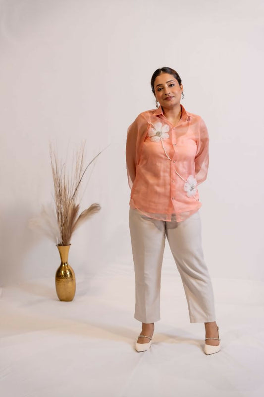 Timaraa Peach Coral Organza Shirt With Hand Embellished 3D Floral Motift