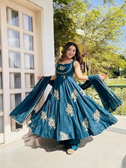 Teeya Creation New Womens Trendy Embroidery Sequence Work Blue Kurta Set