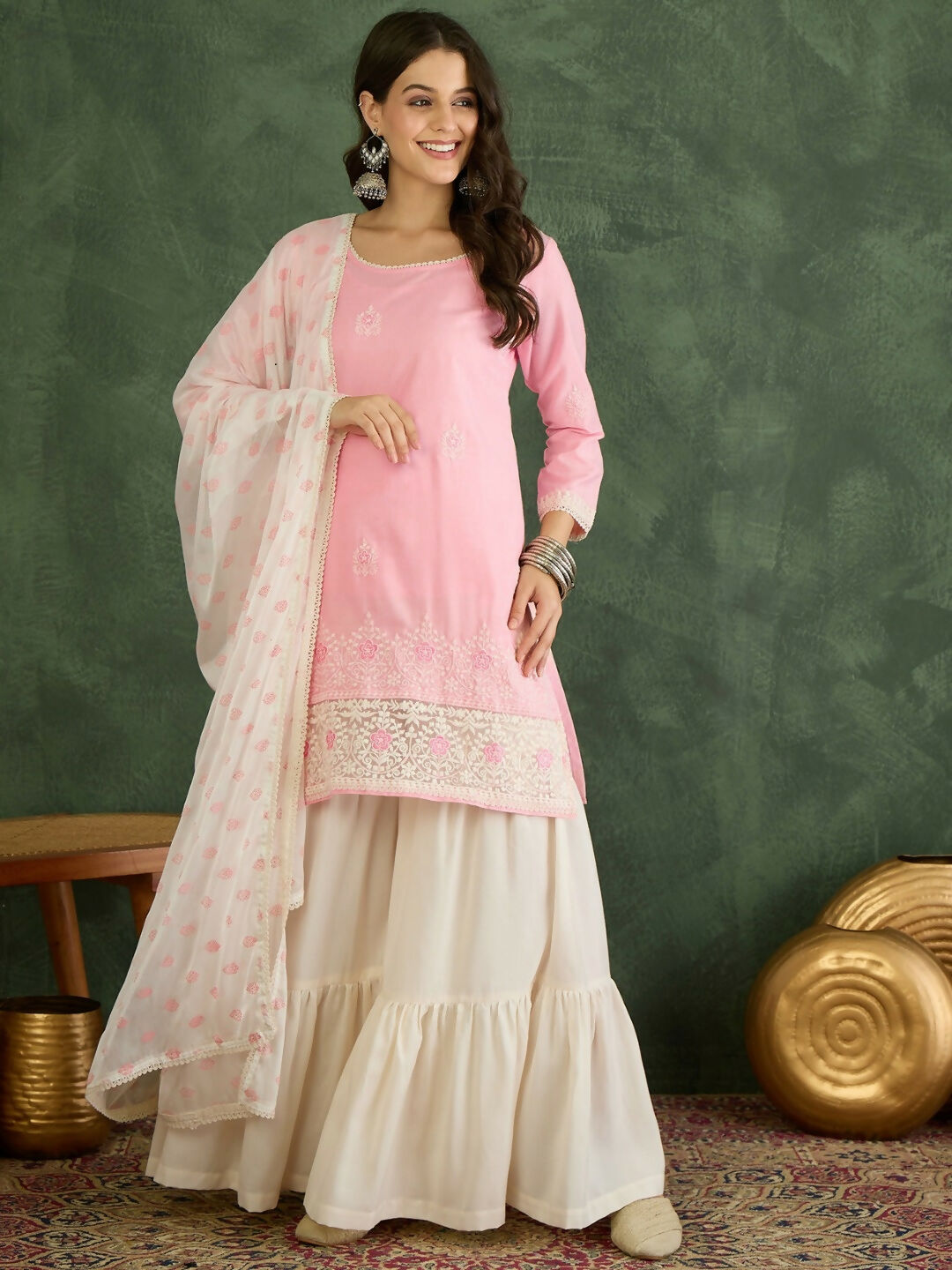 The52 Women's Gorgeous Embroidery Work Cotton Satin Fabric Straight Kurta Sharara and Dupatta Set-Peach