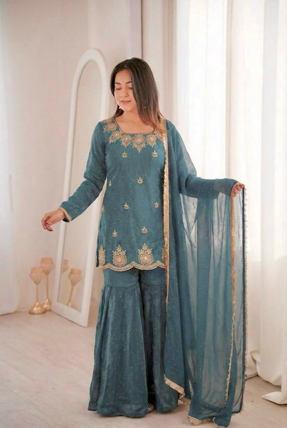 Teeya Creation Womens New Fancy Embroidery Sequence Work With Zarkan Diamond Work Teal Kurta Set