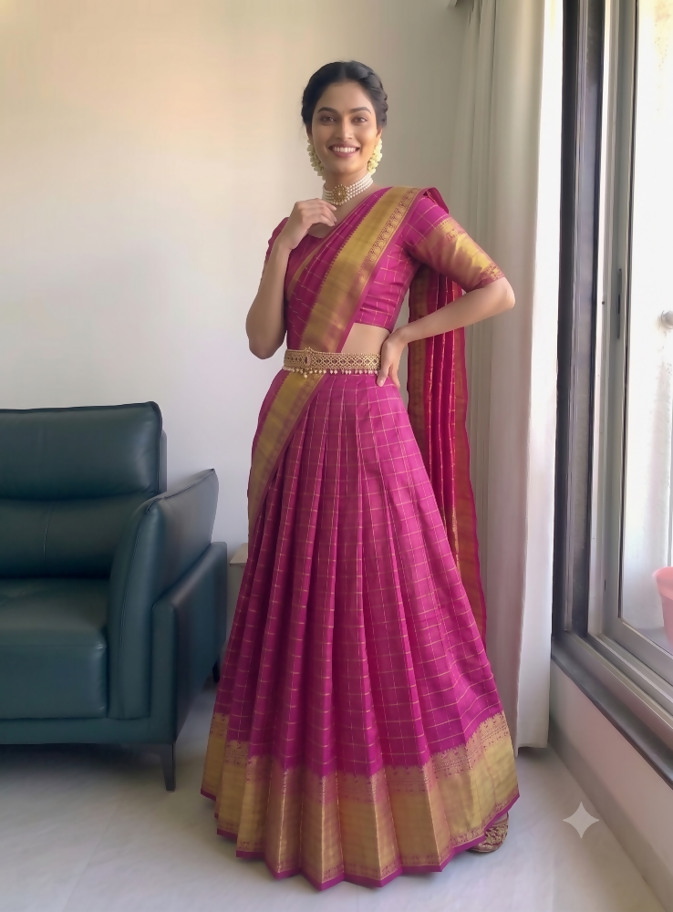 Teeya Creation Festive Rani Pink Checkered Silk Lehenga Choli with Golden Zari Detail