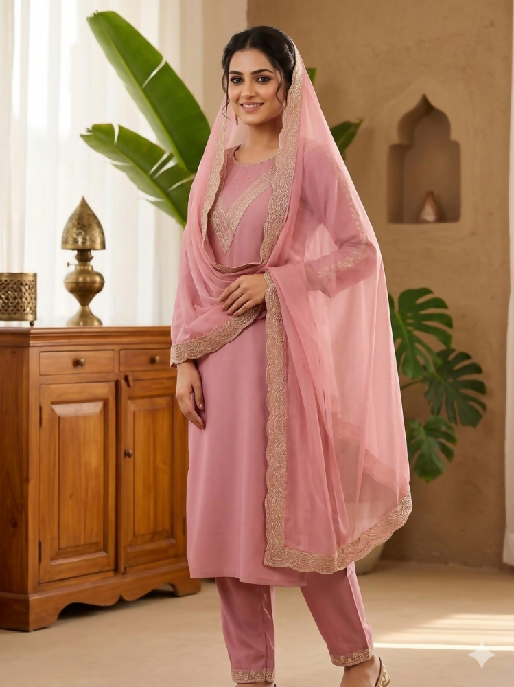 Teeya Creation New Womens Peach Straight Cut Kurta Set with Scalloped Embroidered Organza Dupatta Set