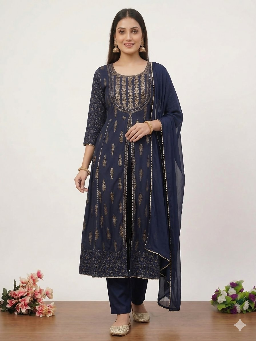 Teeya Creation Women's Navy Blue Fully Stitched Ethnic Kurta With Pant And Dupatta
