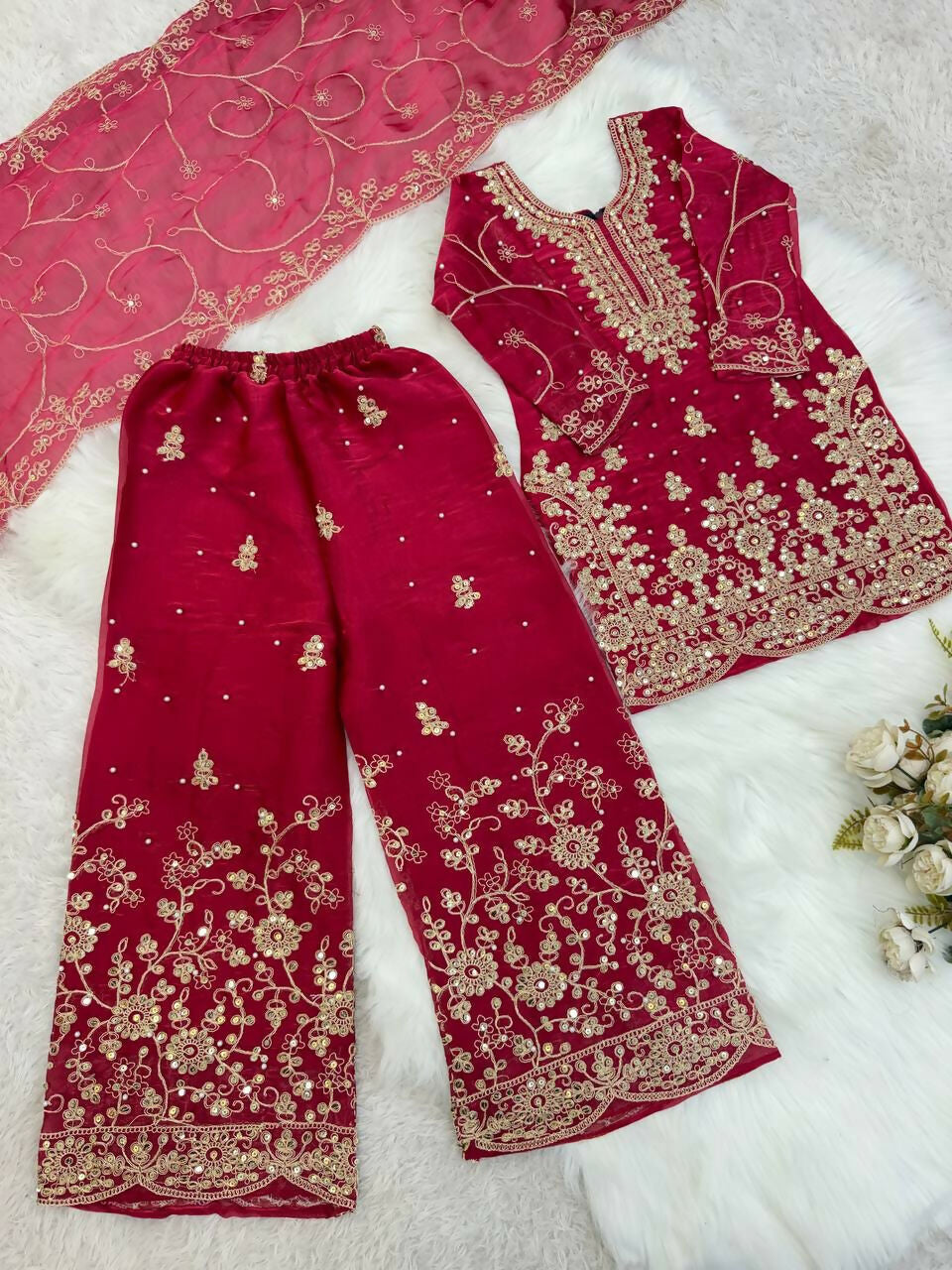 Teeya Creation Girls Heavy Embroidery Pink Ethnic Kurta And Palazzo Set With Net Dupatta
