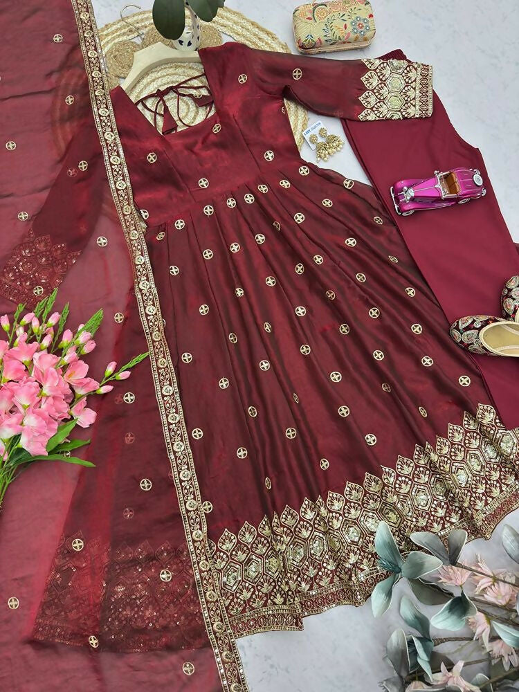 Teeya Creation New Latest Trendy Elegant Maroon Festive Anarkali Suit for Women