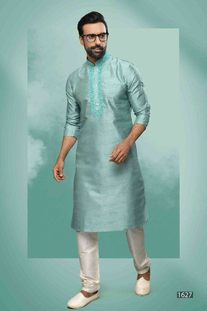 Raivat Ethnic Art Silk Mirror Embroidery Work Kurta Pajama In Sea Green Colour