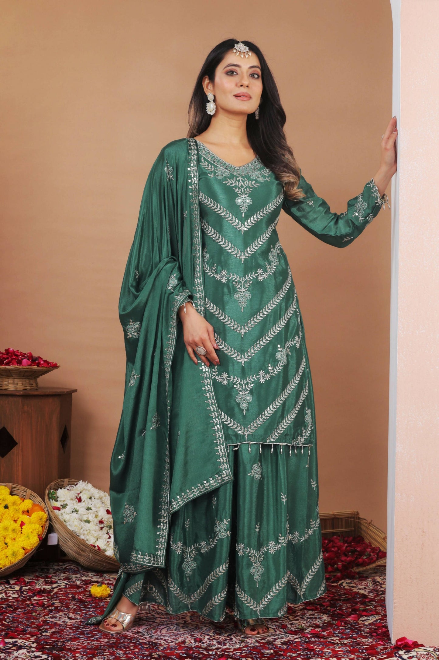 The52 Women's Gorgeous Embroidery Work Chinon Fabric Straight Kurta Sharara and Dupatta Set