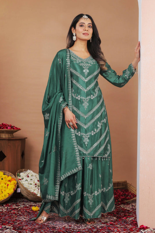 The52 Women's Gorgeous Embroidery Work Chinon Fabric Straight Kurta Sharara and Dupatta Set