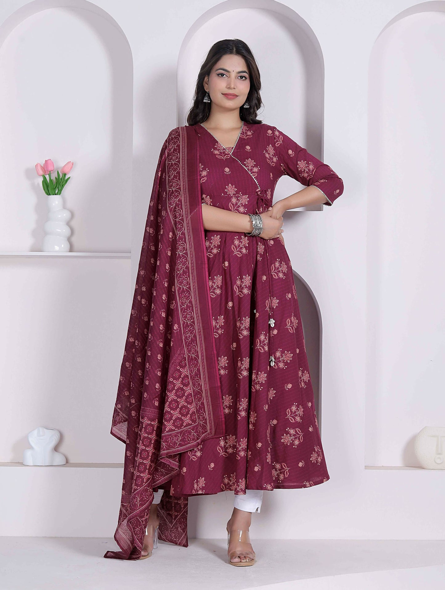 Miravan Womens Maroon Floral Printed Angrakha Pure Cotton Kurta And Dupatta