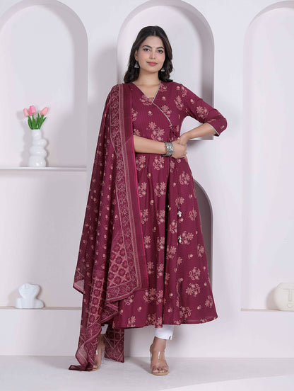 Miravan Womens Maroon Floral Printed Angrakha Pure Cotton Kurta And Dupatta