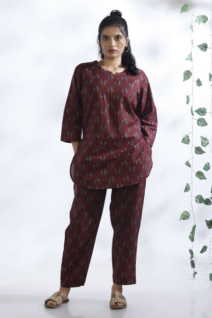 Breathables Butta Print Cotton Co-Ord Set  Wine